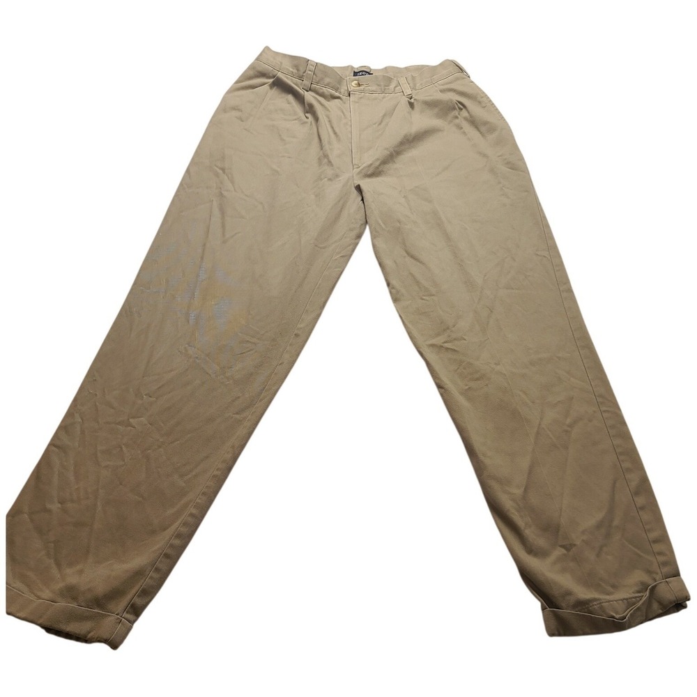 IZOD Men's Pleated Chinos Khaki Tan 100% Cotton Cuffed Office Dress Pants 32x32